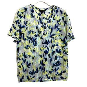 Banana Republic Womens Sheer Chiffon Blouse XS Blue Green Floral Short Sleeves